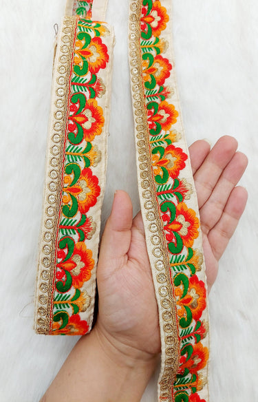 Beige Art Silk Lace Trim in Floral Embroidery, Gold Sequins Embellishments, Decorative Trim